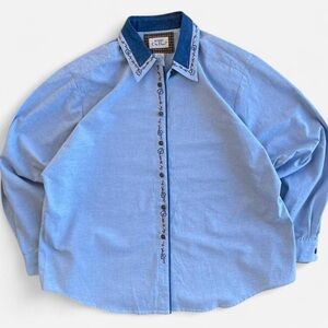 Vintage Koret City Blues Blue Button Down Shirt Denim Collar Embroidered Leaves